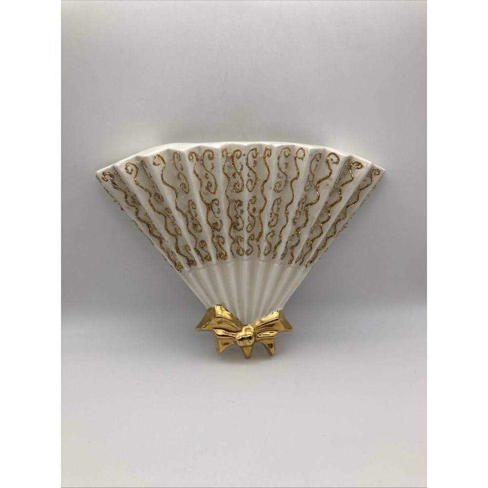 Vintage White And Gold Porcelain Open Gan Wall Pocket With Gold Bow
